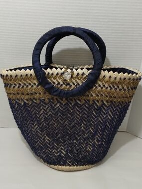 Navy and Natural Woven Beaded Tote Bag